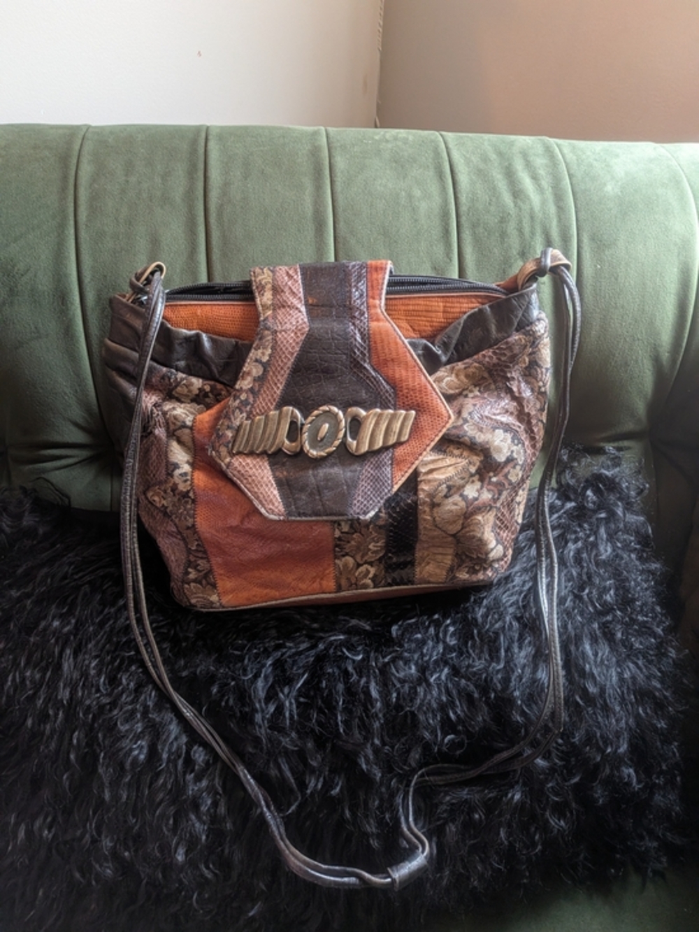 Patchwork Textured Shoulder Bag - Brown & Black Silver Chunky Embellishment